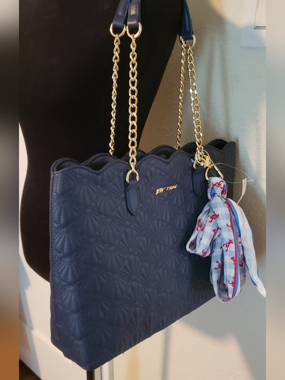 Betsey Johnson Navy Quilted Tote Bag with Gold Chain Handles